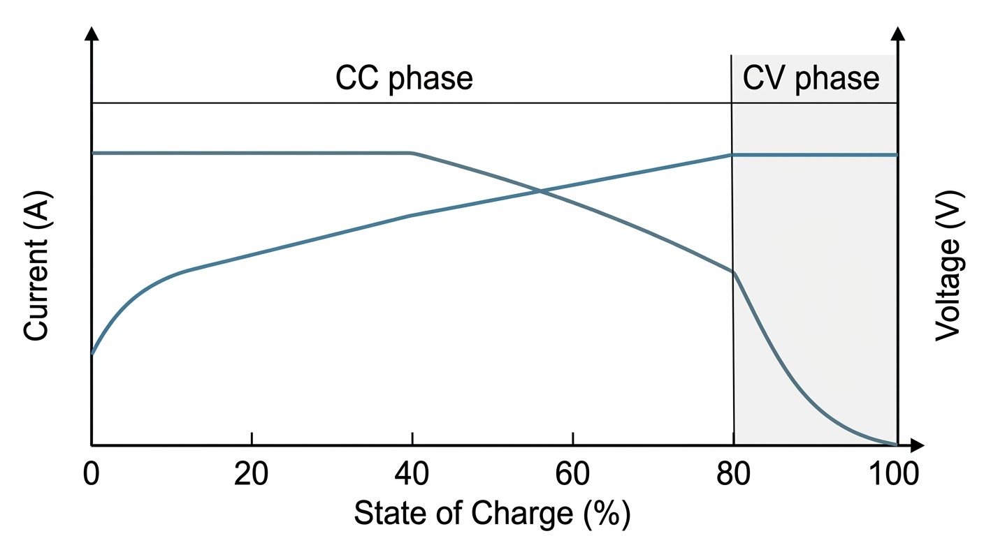 Graph of current and voltage curves transitioning at 80% State of Charge during battery charging.
