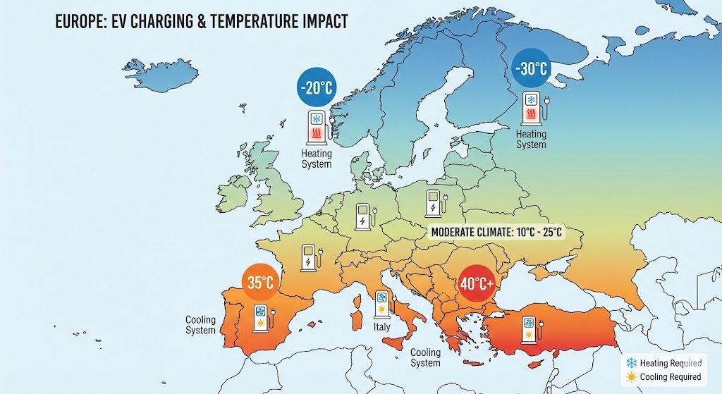 Map infographic of Europe illustrating temperature's impact on EV charging. Nordic regions require heating (-20&deg;C), Southern Europe needs cooling (35&deg;C+), and Central Europe has moderate temperatures.