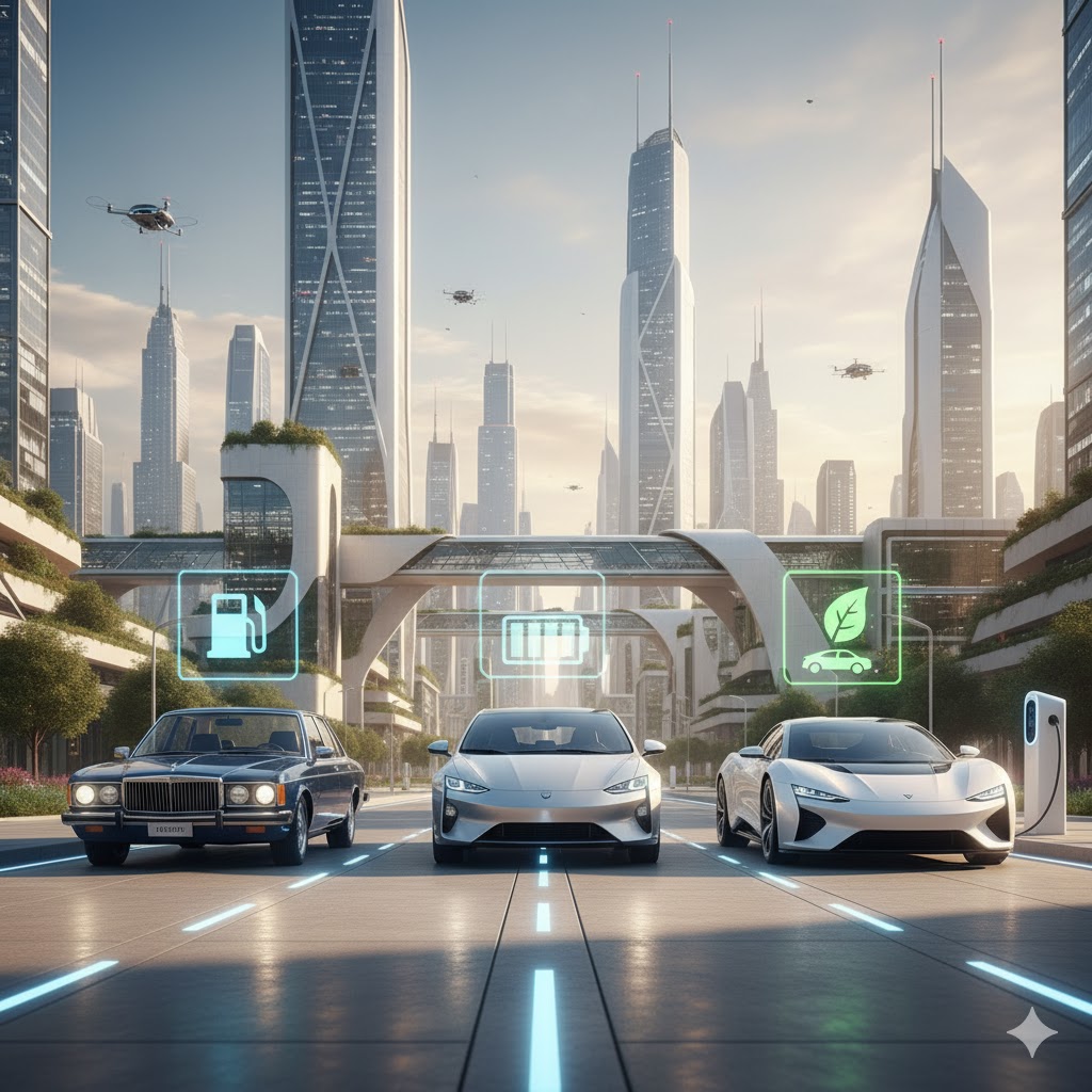 Futuristic city scene with three cars representing gasoline, hybrid, and electric vehicles, set against a skyline of modern skyscrapers and flying drones, symbolizing the evolution toward sustainable urban mobility.