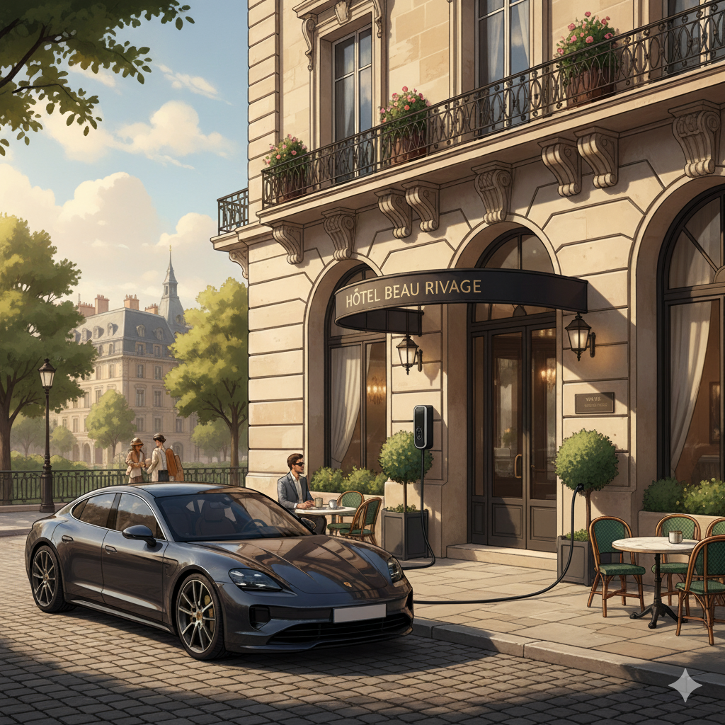 A luxury European hotel exterior, with elegant architecture and an electric vehicle charging at a discreetly placed charger. Guests are enjoying the scenic view, with a touch of European charm such as outdoor seating or cobblestone street. Stylish and travel-focused illustration.