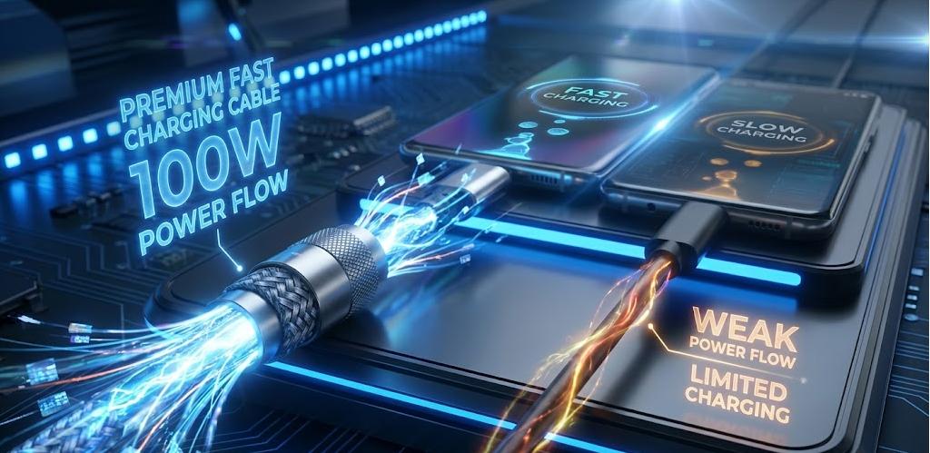 Premium 100W fast charging cable ensuring rapid power flow for safe, durable, and high-speed device charging.