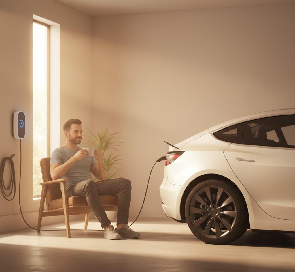 Man relaxing with coffee while electric car charges on a wall-mounted 7kW Type 2 EV charger in a bright home garage, showing safe and effortless home charging convenience.