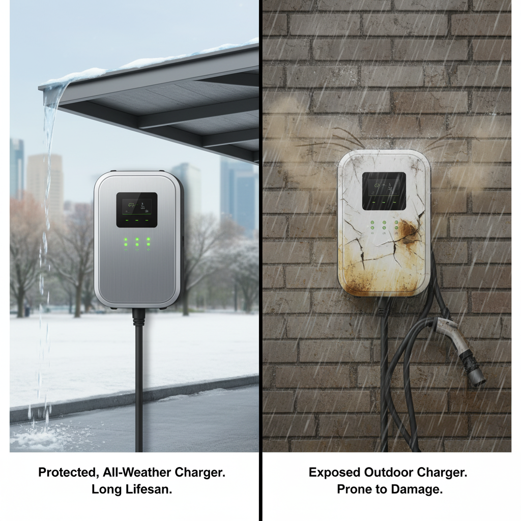 The tale of two chargers: a sleek sentinel thrives gracefully beneath a protective canopy in the snow, while its counterpart, exposed to the elements, displays a grim tableau of rust and cracks.