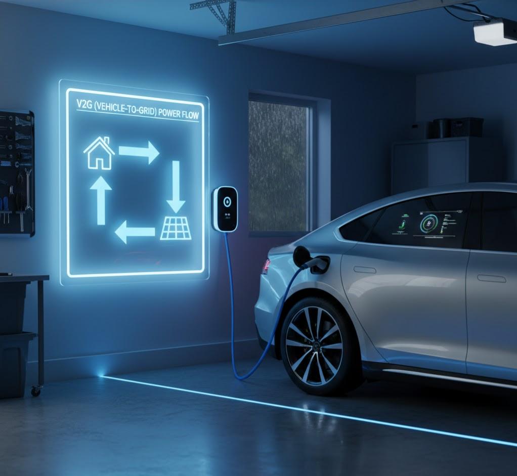EV in a garage using V2G technology to feed power back to the home and grid with bidirectional flow.