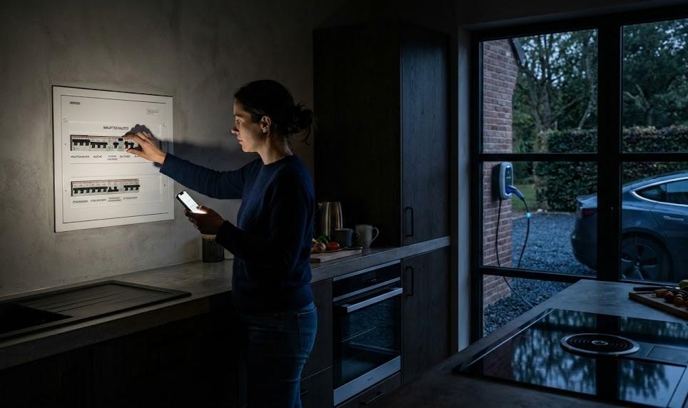 Woman resetting a breaker in a dim kitchen; an EV charges outside. Cinematic documentary style.