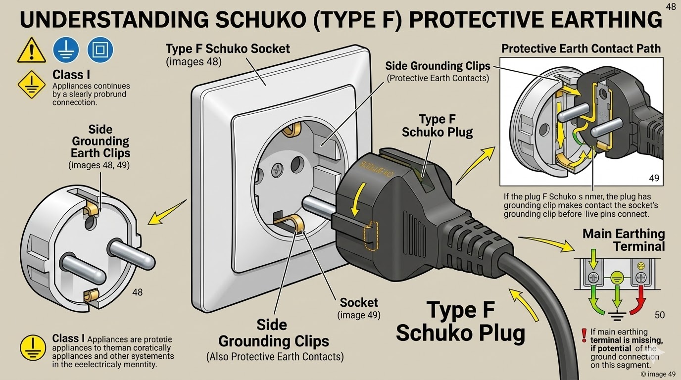 Educational graphic of a Type F Schuko plug and socket system, detailing the side grounding clips and the protective earth contact path for safety.