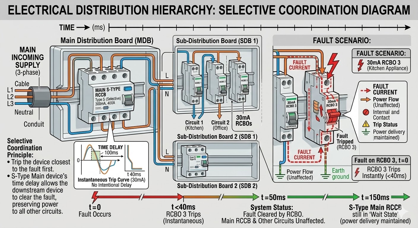 Selective coordination diagram showing S-Type RCCB main supply and 30mA RCBO branch circuits with trip timing.