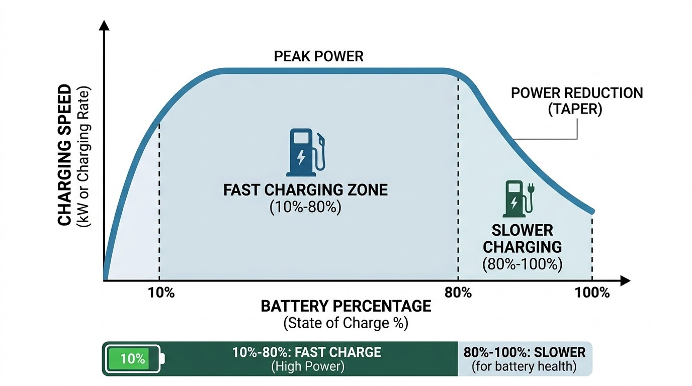 Diagram showing an EV battery charging curve with fast charging up to 80% and slowing thereafter.