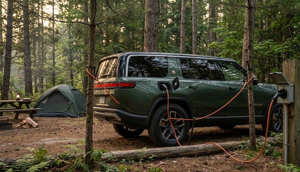 Green Rivian R1S electric SUV plugged into a forest charging pedestal at a wooded camping site.