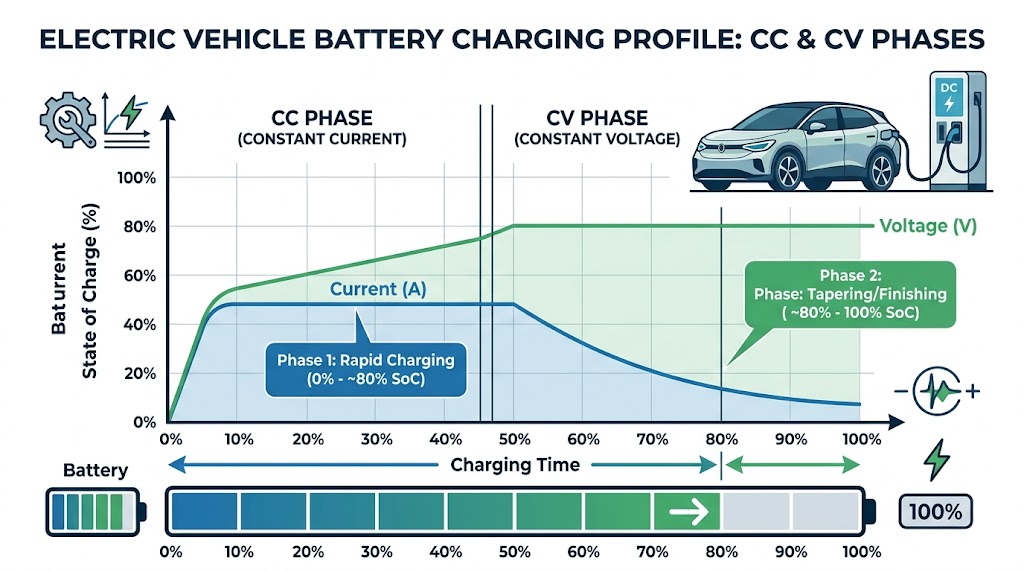 Chart of EV charging profile showing the Constant Current (CC) and Constant Voltage (CV) phases.