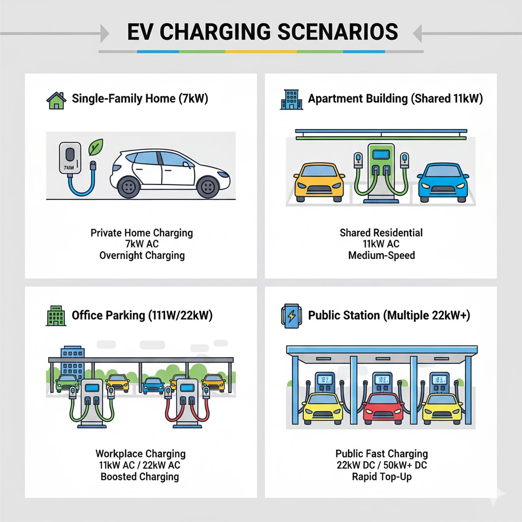 EV charging scenarios infographic including home AC charging, shared residential chargers, workplace 11kW&ndash;22kW charging, and public rapid DC fast charging.