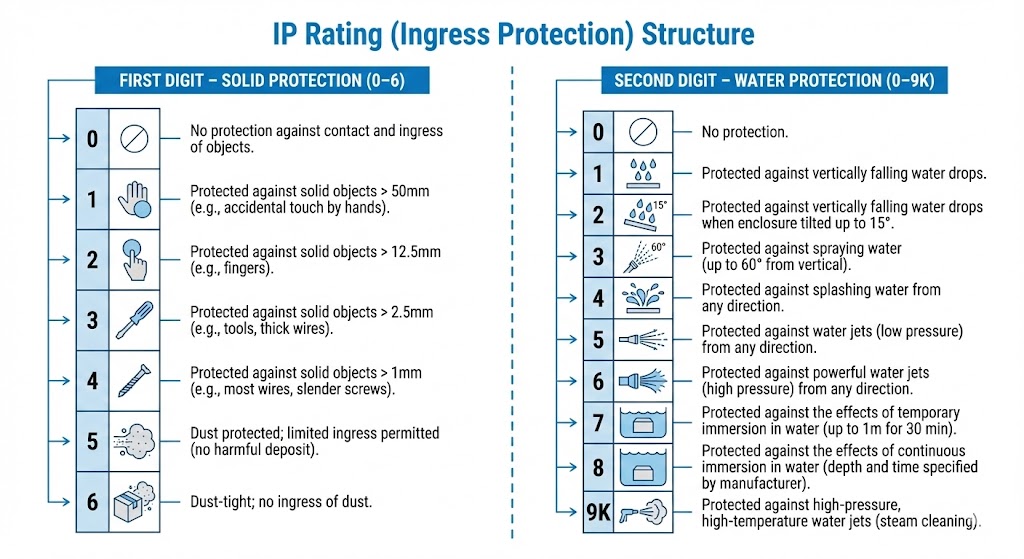 IP rating protection chart explaining dust and waterproof standards for ensuring safe, durable outdoor EV charging.