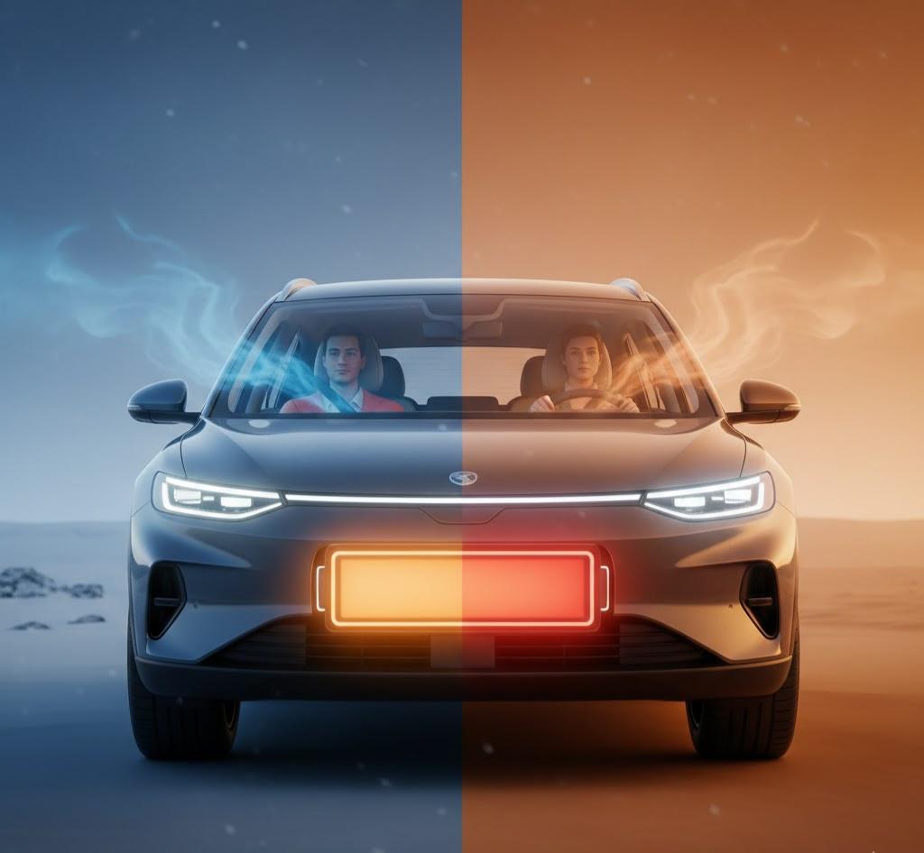 Split-screen illustration of an electric vehicle in cold and warm conditions, highlighting battery preconditioning benefits by showing a cold exterior on one side and a warm.