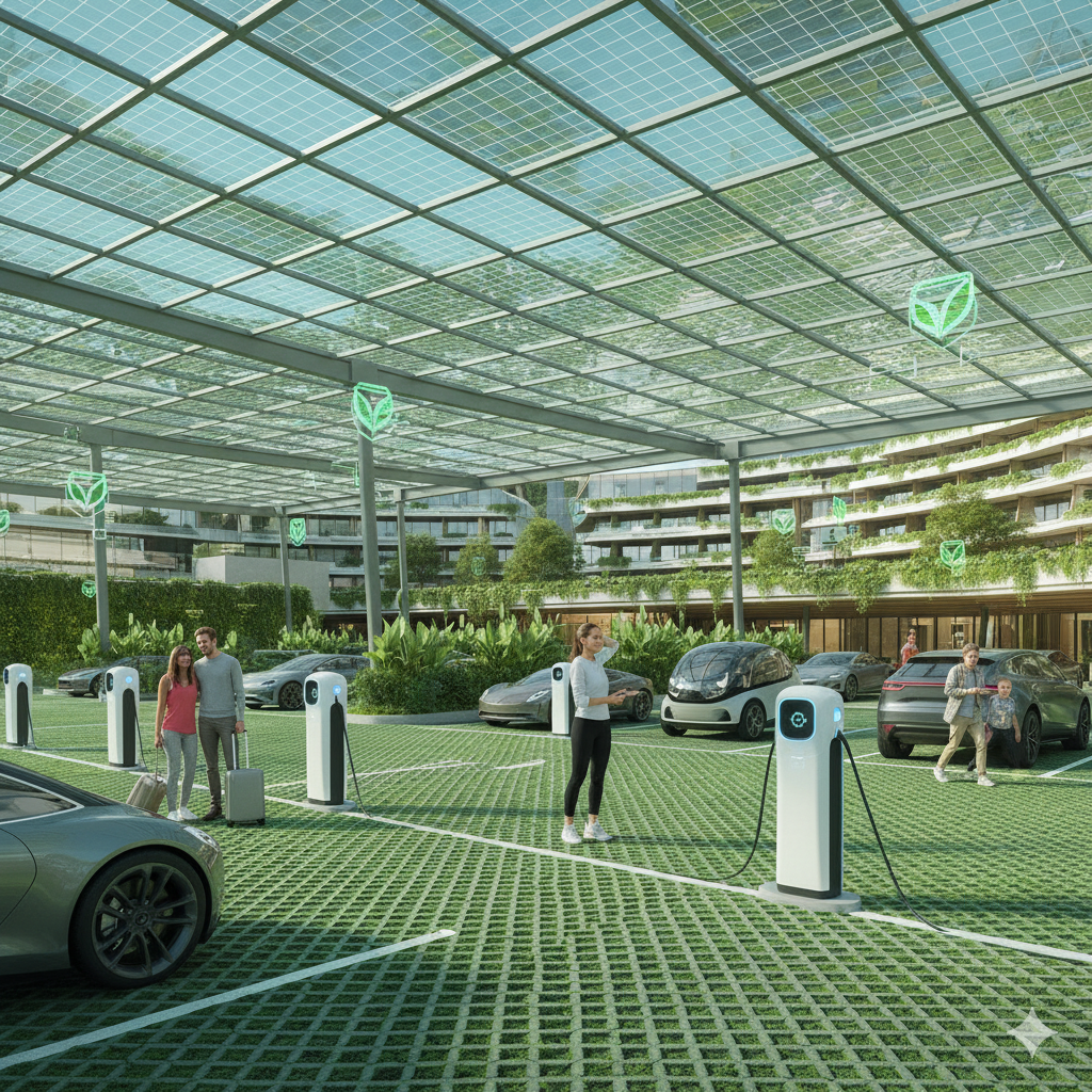 A futuristic hotel parking lot with multiple EV charging stations, solar panels, and happy guests charging their cars. The scene highlights sustainability, green technology, and the future of eco-friendly travel.