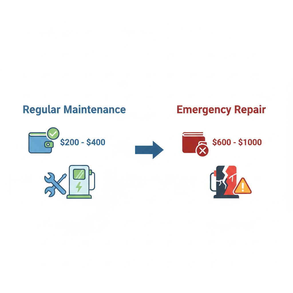 Regular EV charger maintenance costing $200&ndash;$400 helps prevent costly $600&ndash;$1000 emergency repairs, ensuring long-term charging reliability.