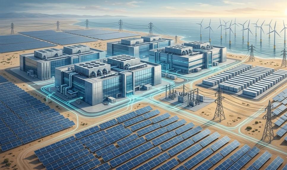 Futuristic data center powered by massive solar and offshore wind farms with glowing energy flows.