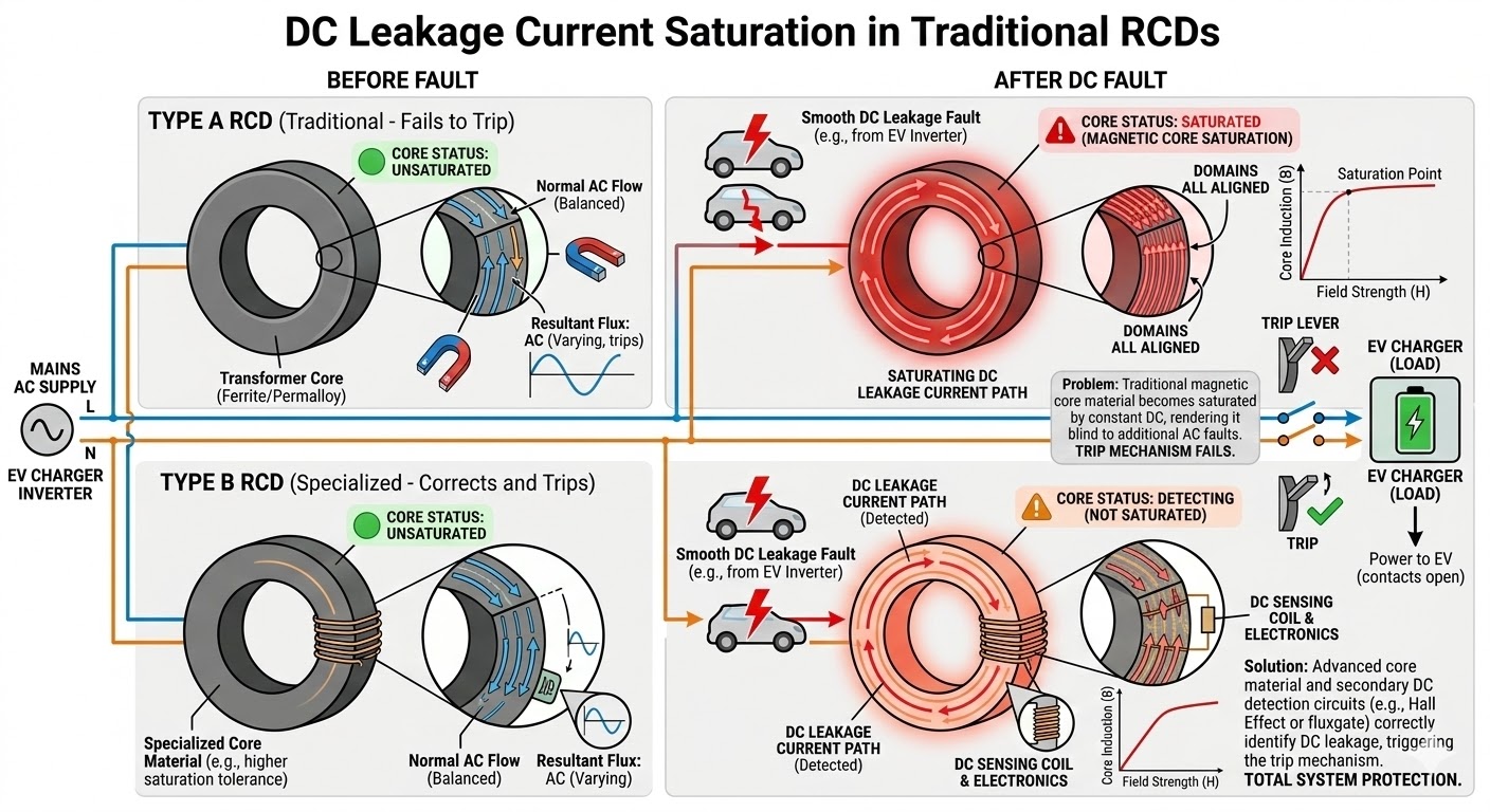Technical illustration of DC leakage saturating a Type A RCD core vs. a Type B RCD successfully detecting the fault.