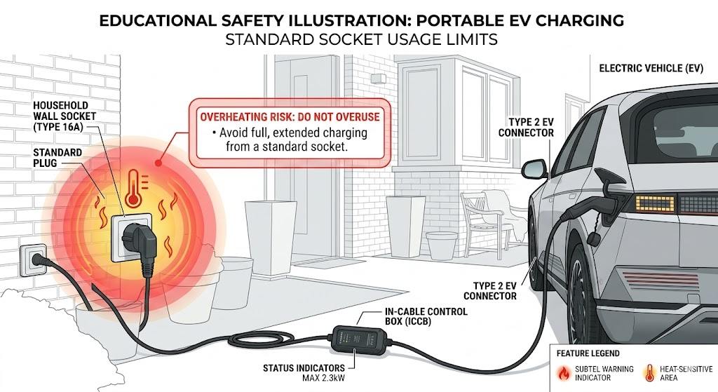 Diagram of a portable EV granny charger showing the household plug, ICCB, cable, and Type 2 connector.