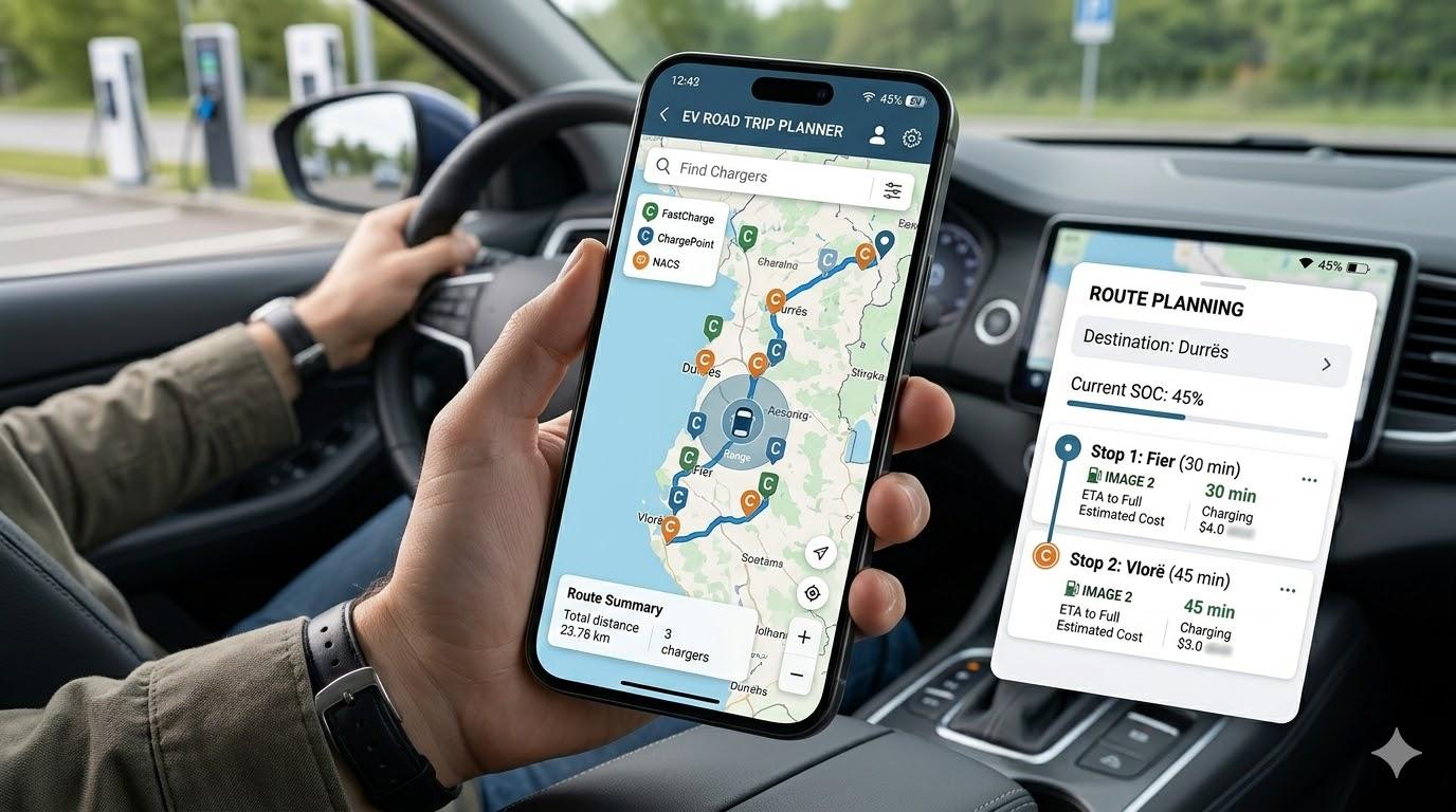 Driver using a smartphone EV road trip planner app to map out charging stops on a long journey.
