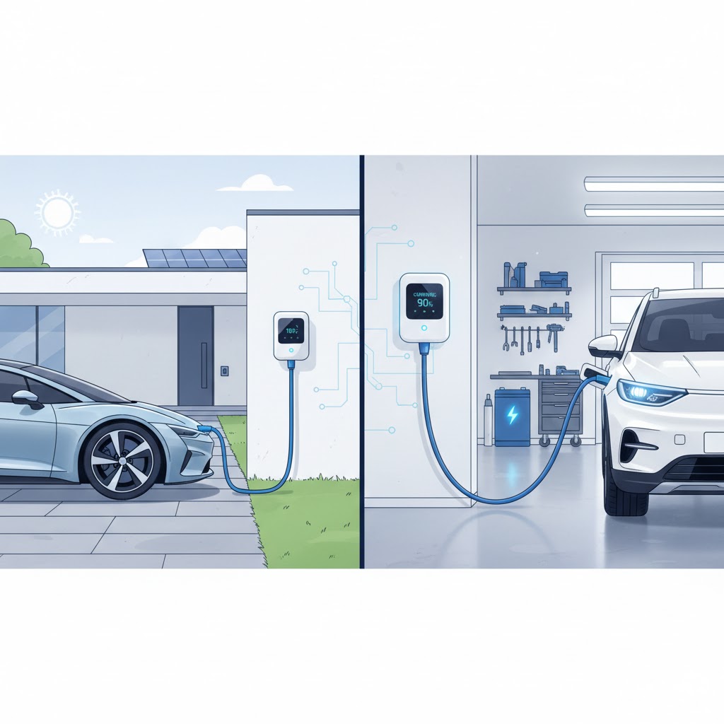 Smart EV wallbox charger for easy home and garage use, featuring a clear digital display for reliable charging.