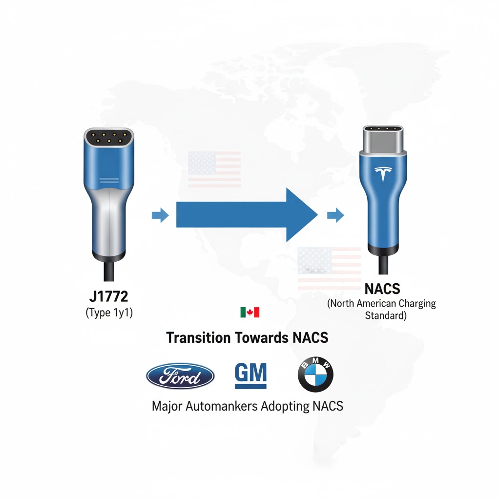 North American EV charging standard transition: J1772 plug moving to the compact NACS connector, adopted by major automakers.