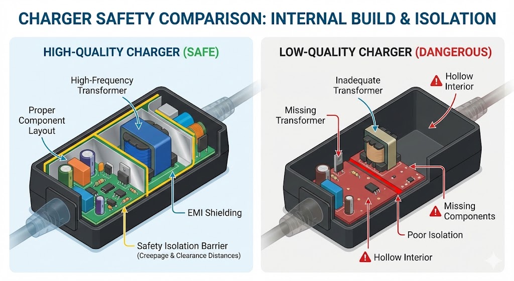 Infographic comparing internal builds of a high-quality (safe) and low-quality (dangerous) charger, highlighting key differences.