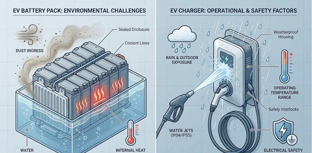 Safe, weatherproof wall-mounted EV charger showcasing IP55 water resistance and essential electrical safety features.