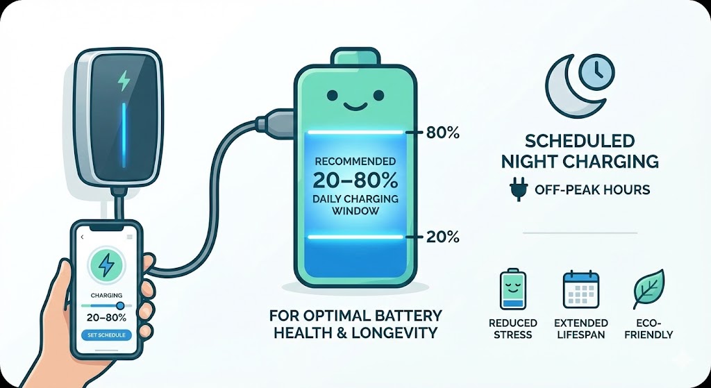 Smart wallbox EV charger and mobile app promoting 20-80% battery charging and scheduled night charging for extended EV lifespan.