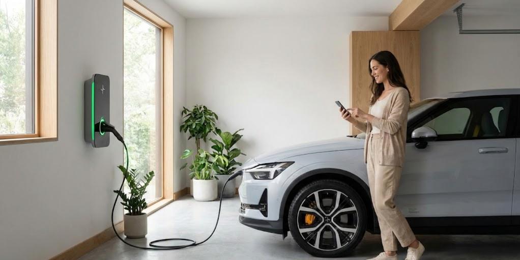 Smart EV charger app interface featuring scheduled off-peak charging to ensure cost-effective, reliable home power for all electric vehicles.