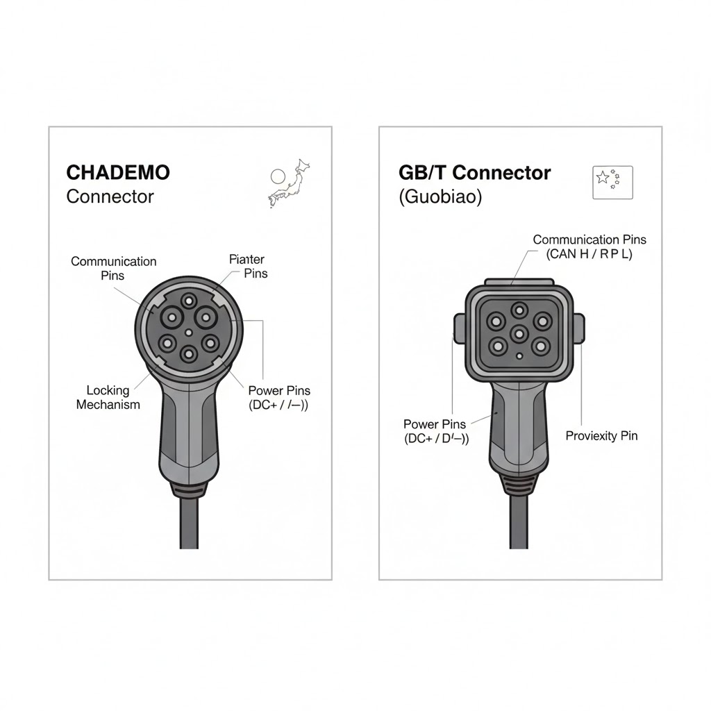 Technical diagram of CHAdeMO and GB/T connectors with labeled pins for safe, high-speed DC fast charging on road trips.