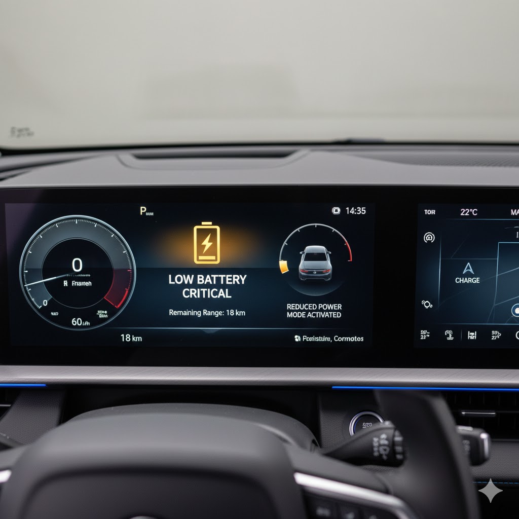 Car dashboard showing low battery warning, remaining range XX km, reduced power mode activated, realistic EV interior, clear indicators, modern European electric vehicle