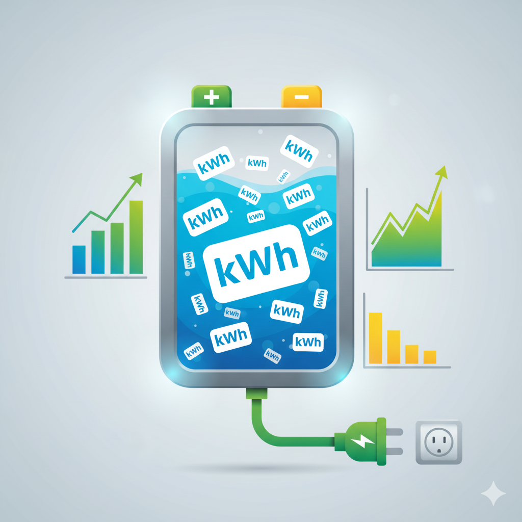 一句alt


A graphic illustration showing a transparent battery with "kWh" floating inside, symbolizing energy storage, connected to a power outlet with rising bar and line graphs on the sides, representing energy efficiency and growth.