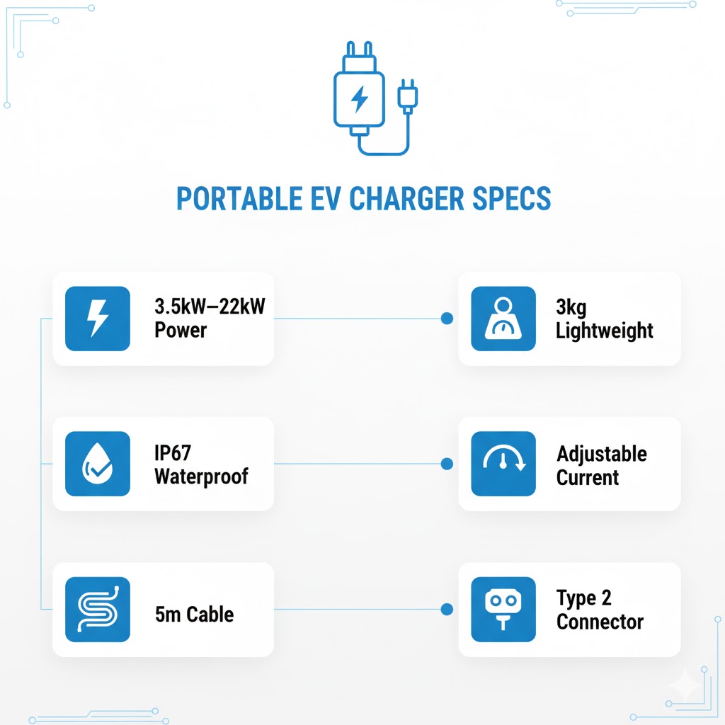 Fast, adjustable 3.5-22kW portable EV charger with 5m Type 2 cable. Durable IP67 waterproof design for reliable travel charging.