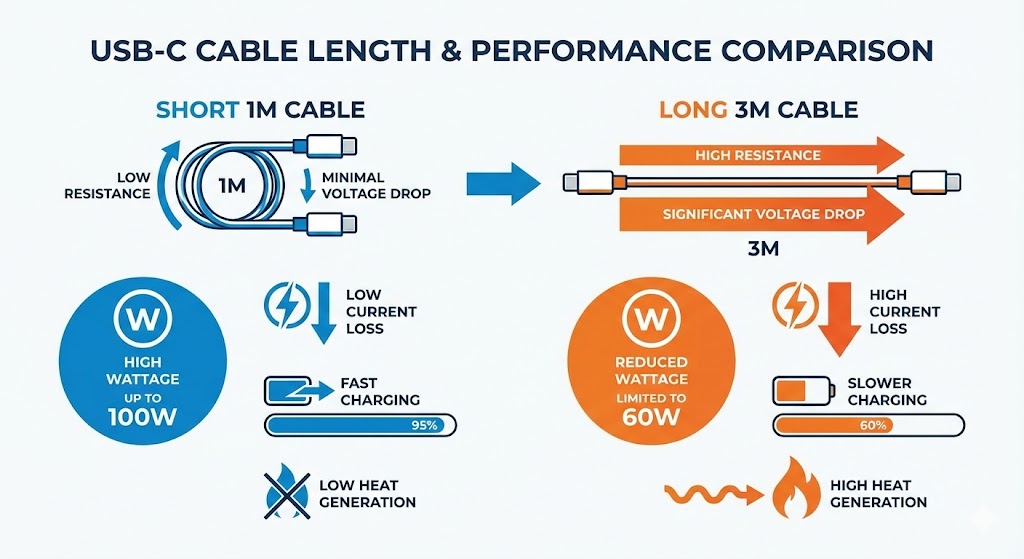 100W fast charging USB-C cable infographic demonstrating superior efficiency, low heat generation, and rapid power delivery.
