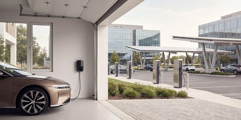 Sleek EV wallbox with versatile pedestal or wall-mount options for fast, reliable charging at home or commercial locations.