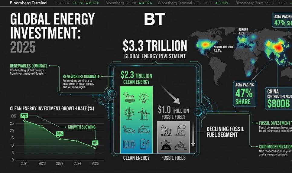 Infographic showing $3.3T global energy investment in 2025, dominated by $2.3T in clean energy.