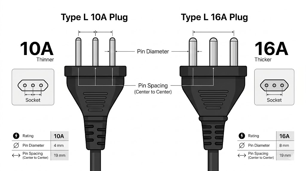 Comparative infographic showing 10A and 16A Italian Type L plugs, labeled with differences in pin diameter (4 mm vs 8 mm) and specific socket shapes.