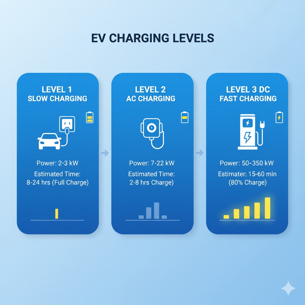 Infographic showing three types of EV charging: Level 1 slow charging (2-3 kW), Level 2 AC charging (7-22 kW), Level 3 DC fast charging (50-350 kW), estimated charging times, clean modern infographic style