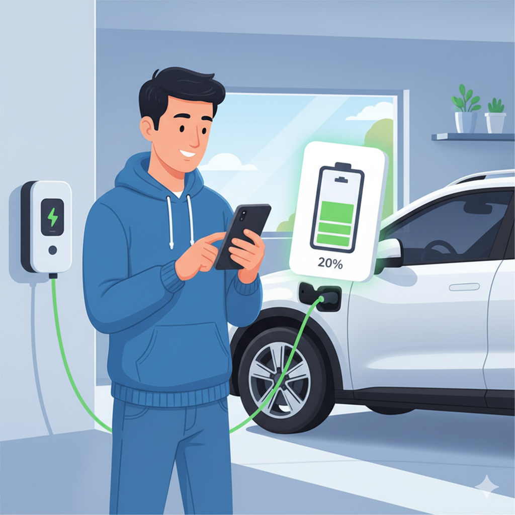 A man in a hoodie checking his phone while his white electric car charges in a garage.