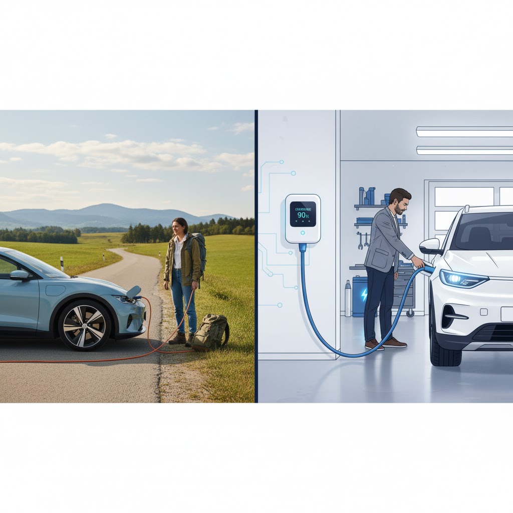 Portable EV charger for road trips and fast wallbox home charging, offering versatile and reliable power options.