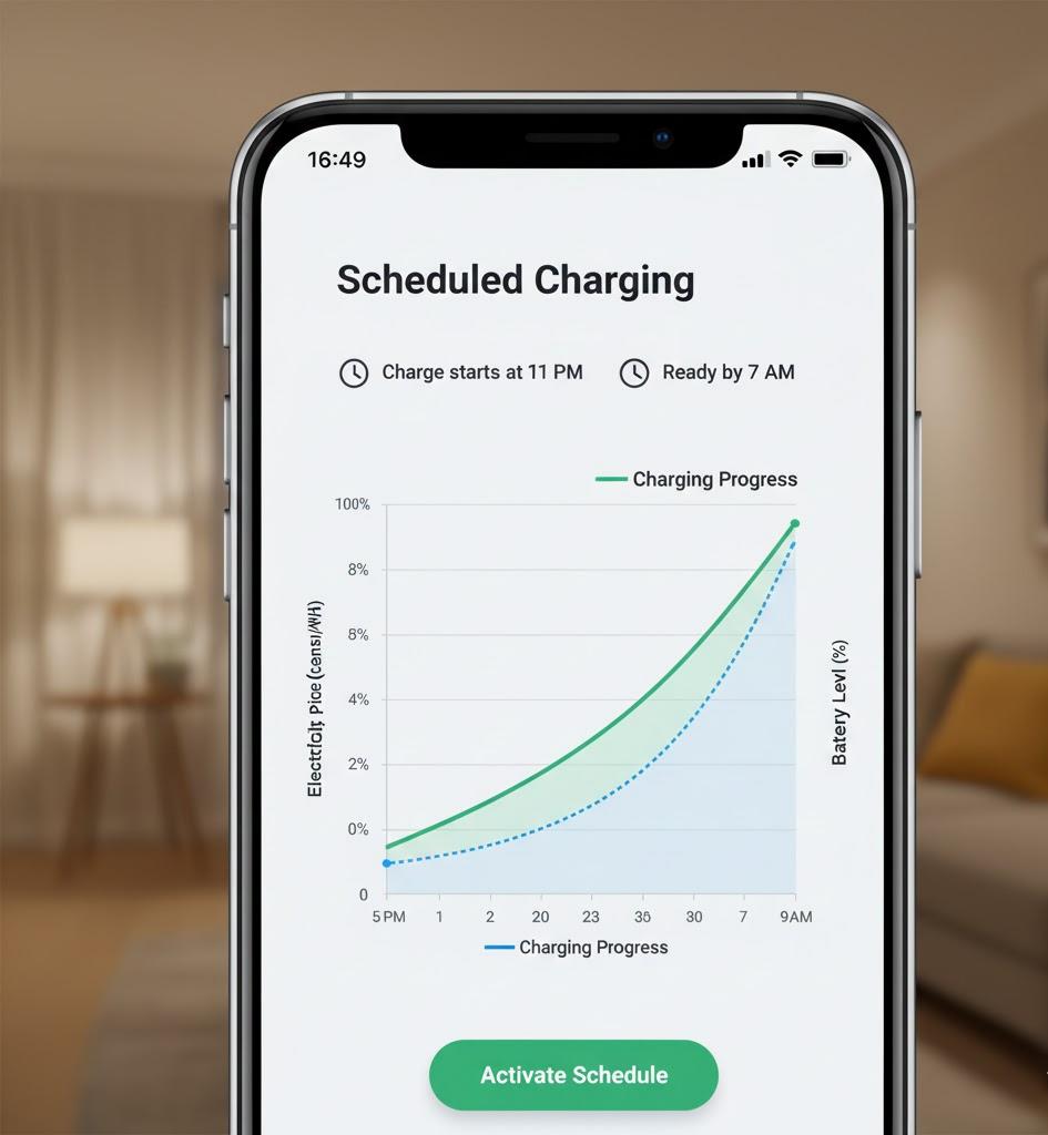 Smart EV charger app interface featuring scheduled off-peak charging to ensure cost-effective, reliable home power for all electric vehicles.