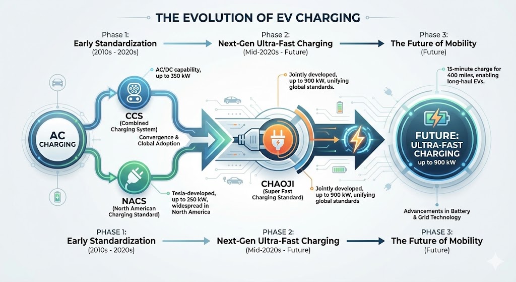 Evolution timeline of EV chargers from 350kW to 900kW ChaoJi standards, offering future-proof, ultra-fast charging for long-distance travel.