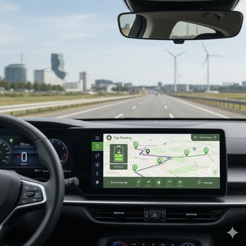 Electric vehicle driver planning trip using app, checking battery levels, route with charging stations marked, dashboard view, eco driving tips icons, modern European city and highway background, infographic style