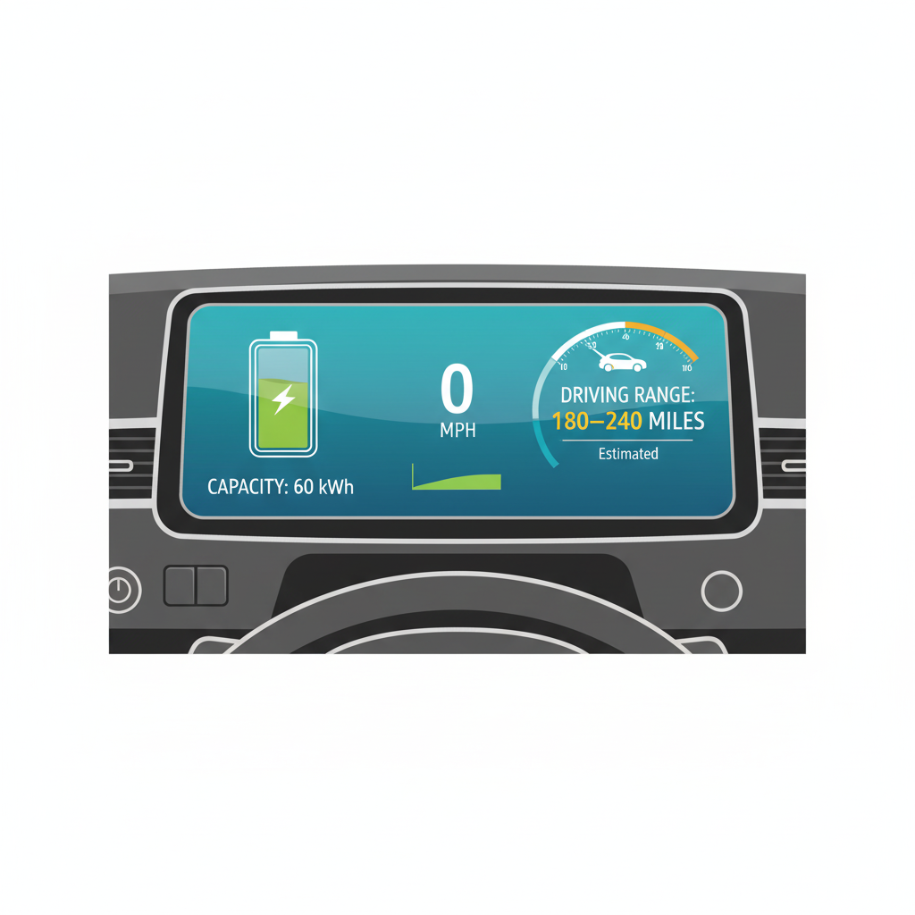A close-up graphic of an electric car's dashboard, showing a battery icon with a lightning bolt and a 60 kWh capacity, a speed of 0 mph, and an estimated driving range of 180-240 miles.