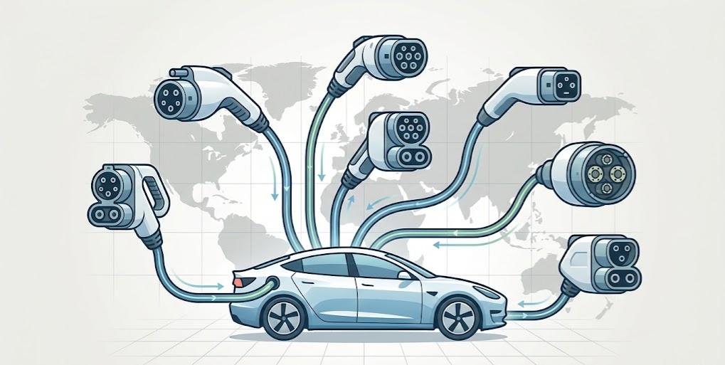 Diagram explaining EV charging adapter limitations: physical fit, charging speed constraints, and protocol matching requirements.