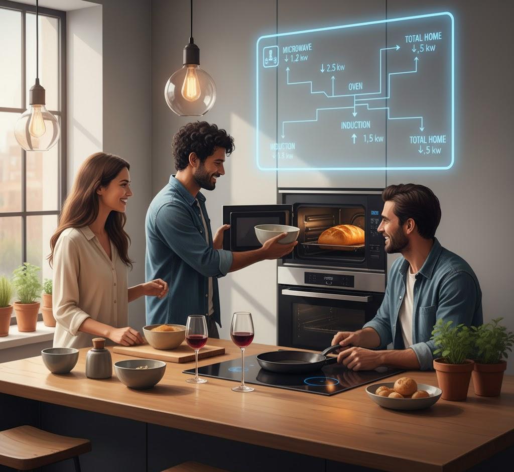 Smart kitchen's dynamic load balancing display shows real-time appliance energy (5.5kW total), optimizing power and preventing overloads.