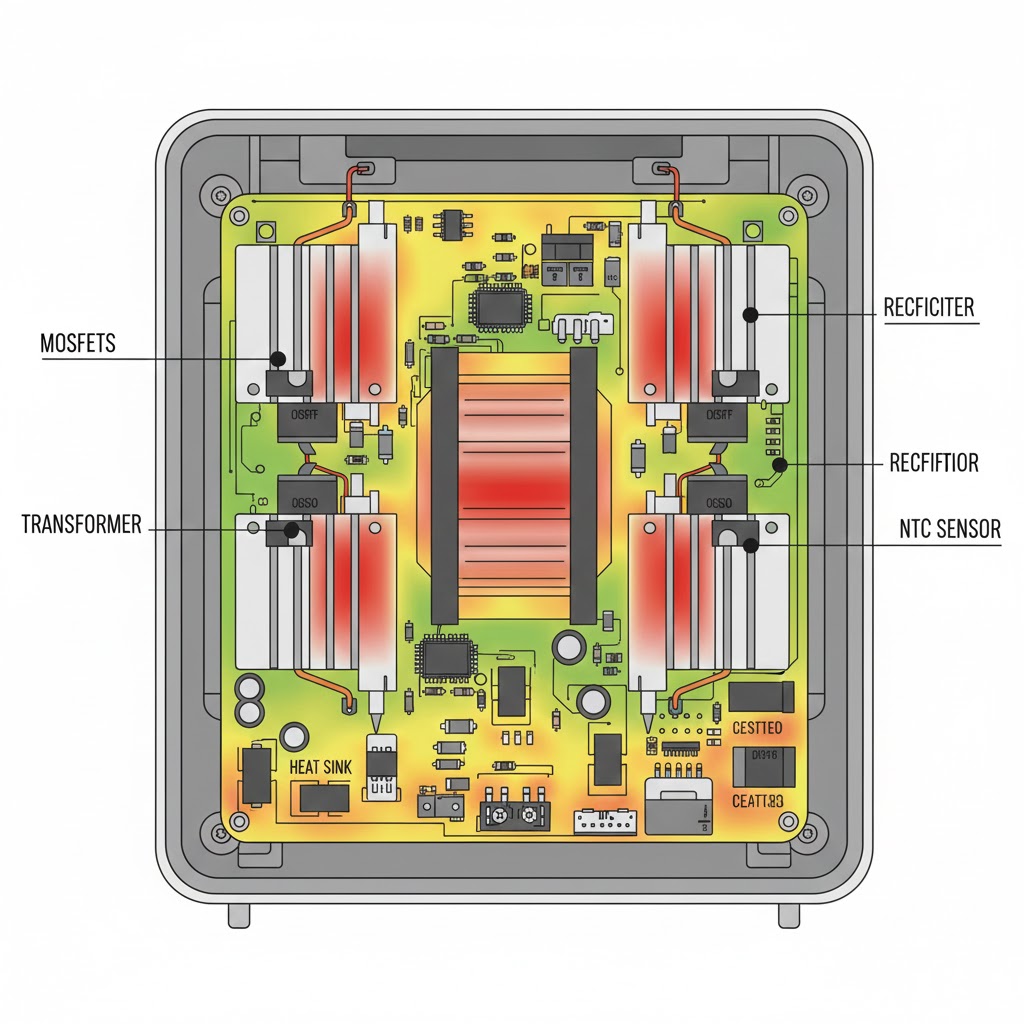 Wallbox EV charger internal layout with MOSFETs, transformer and NTC sensor, ensuring safe, reliable charging for home installations.