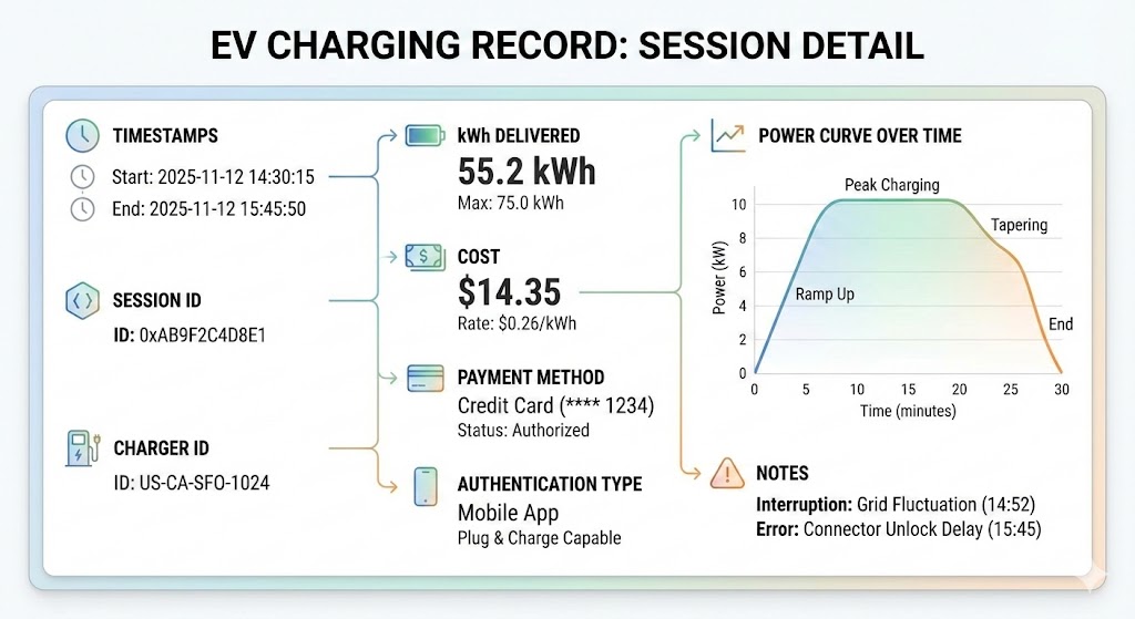 Detailed EV charging session record displaying 55.2 kWh delivered and 10kW power curve for reliable, smart energy management.