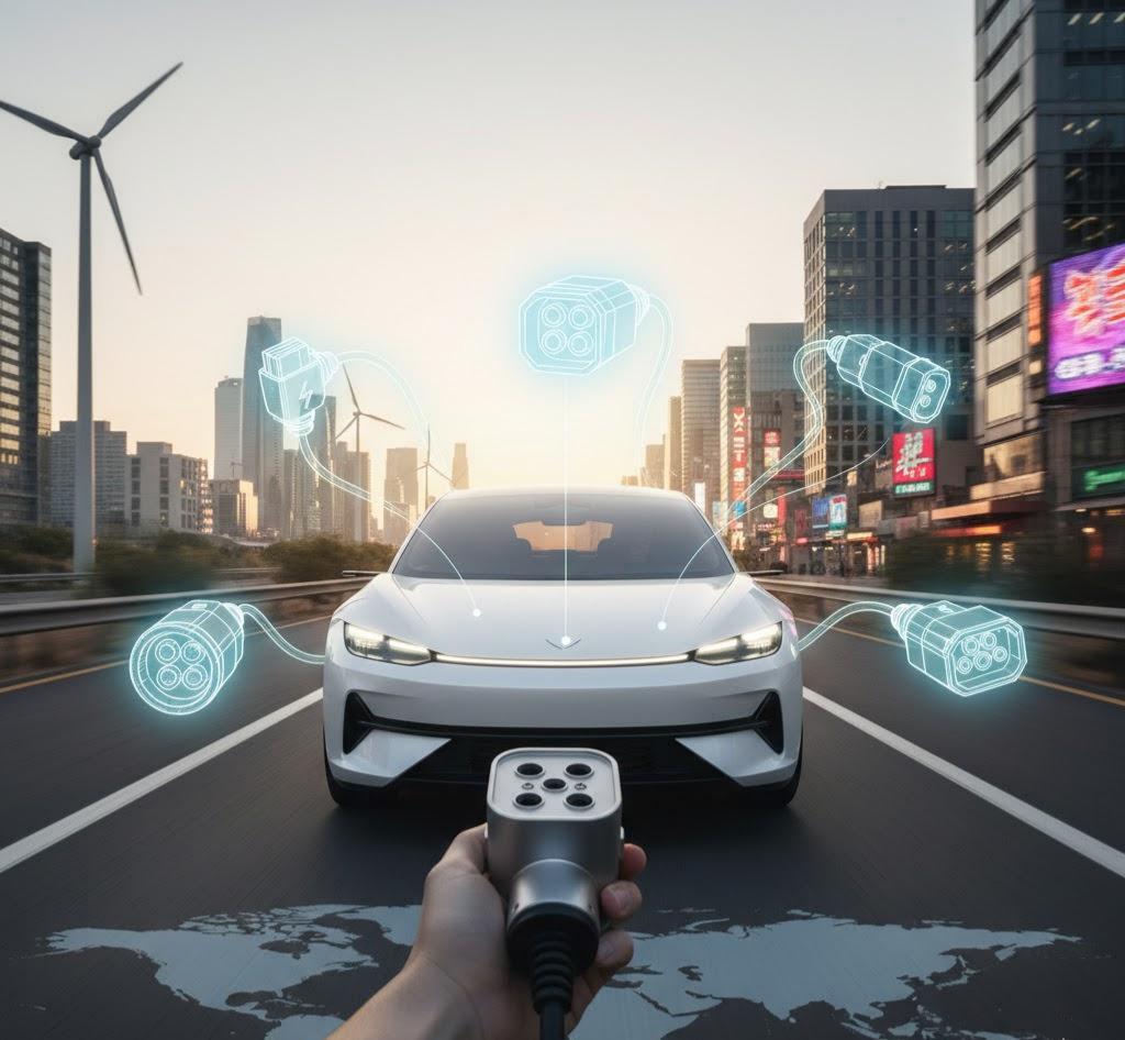 Universal portable EV charger plug with multiple adapters for fast, reliable charging on global road trips and travel.