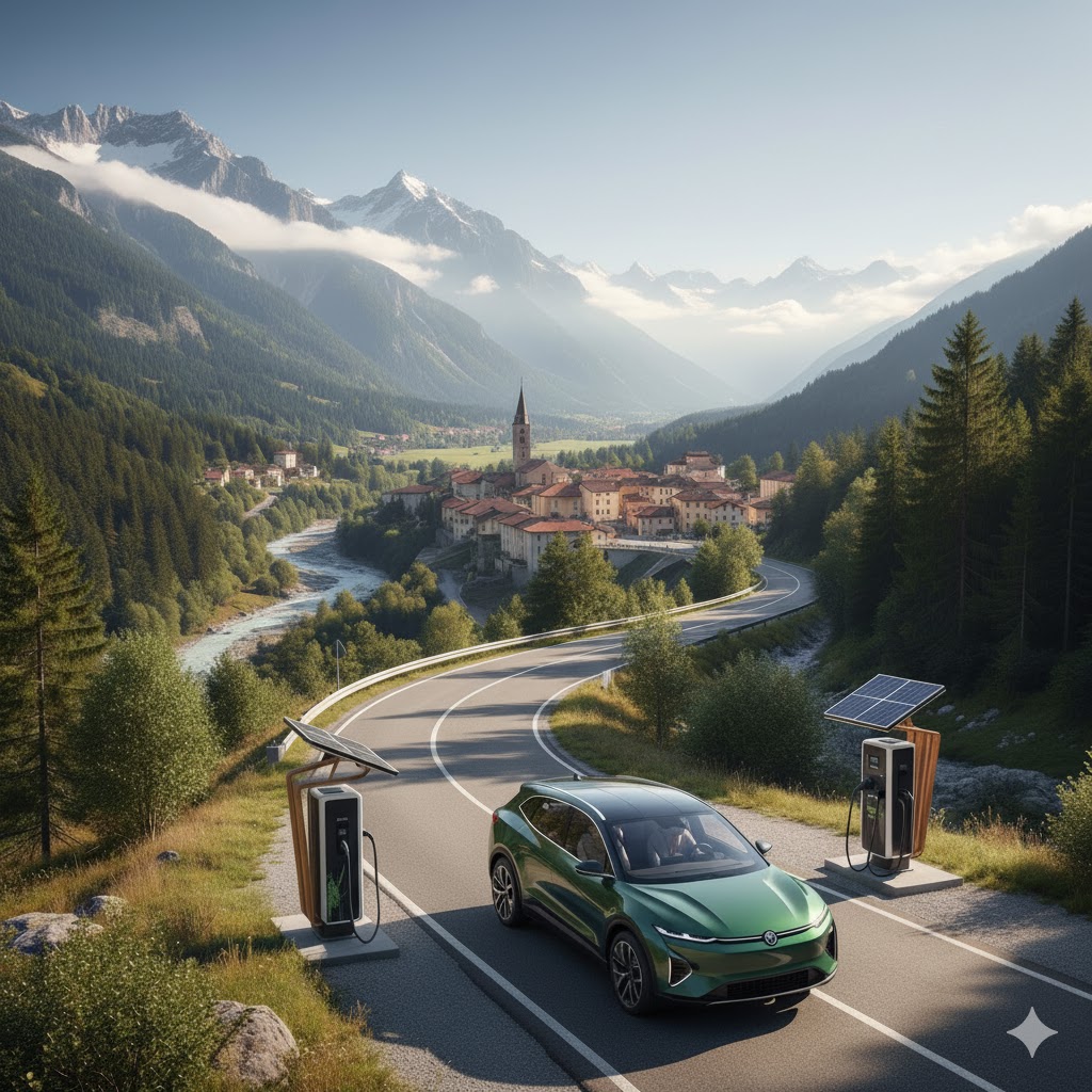 A green electric SUV parked on a winding mountain road next to two solar-powered EV charging stations, surrounded by lush forests and mountains, with a river and a quaint village with a church in the background under a clear sky.